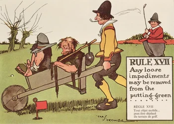 Regra XVII: Quaisquer impedimentos soltos podem ser removidos do putting-green, de "Rules of Golf", publicado em 1905.